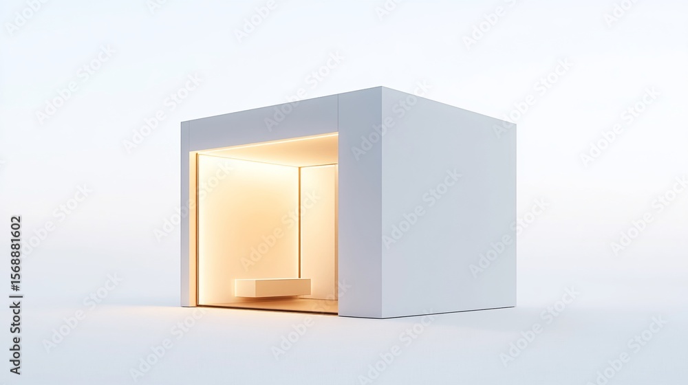 Poster minimalist architectural cube with internal warm lighting and floating shelf on white background