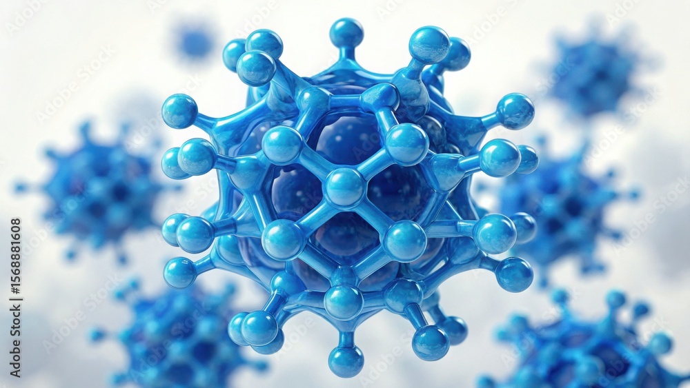 Poster close-up macro image of blue molecule with enzyme structure