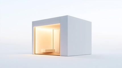 Minimalist architectural cube with internal warm lighting and floating shelf on white background
