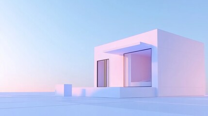 Minimalist modern cube house design with soft pastel colors against a light blue gradient sky