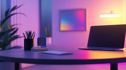 Workspace in soft purple and yellow lighting showing laptop, pens, and desk objects