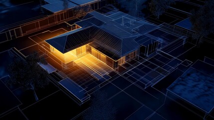 3D rendering of house blueprint at night with warm glowing light from interior of building