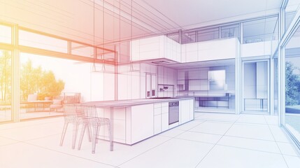 Architectural blueprint sketch of a modern kitchen with outdoor terrace view