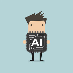 Businessman holding a microchip with AI design, showcasing modern technology and innovation cartoon illustration.