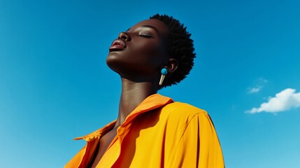 A woman with dark skin and short hair poses with the sky as background while wearing an orange shirt