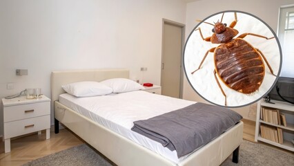 Bedroom with bed bug image highlighting pest issue. bedbug concept