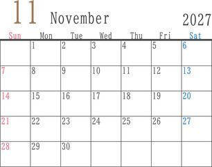 シンプルな日曜と土曜色付き2027年11月のマンスリーカレンダー素材