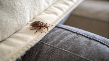 Bedbug on a mattress seam, highlighting pest control concerns. bedbug concept