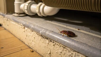 Cockroach on a floor near plumbing fixtures in a residential setting. bedbug concept