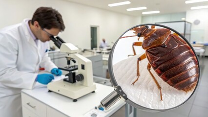 Laboratory scientist examining a bedbug under a microscope. bedbug concept