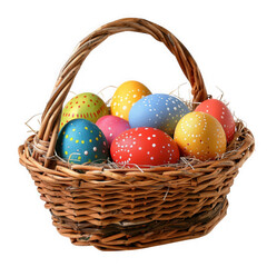 Colorful easter eggs in wicker basket isolated on transparent background