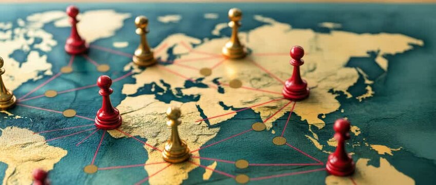 Chess pawn pieces on world map connected with red string showing global network strategy and communication for international business teamwork and connection across continents