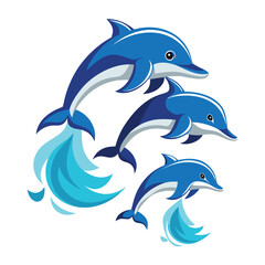 Obraz premium Three playful dolphins jumping through the air, a symbol of marine life, intelligence, and a happy animal.