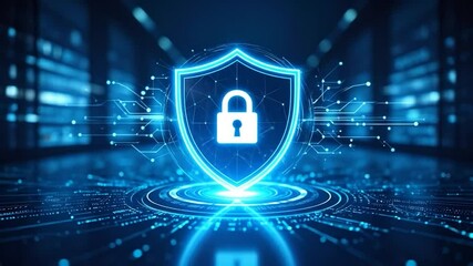 Abstract digital graphic of a glowing shield with a lock, symbolizing cybersecurity and data protection.  Network circuitry and server room elements in the background - Powered by Adobe