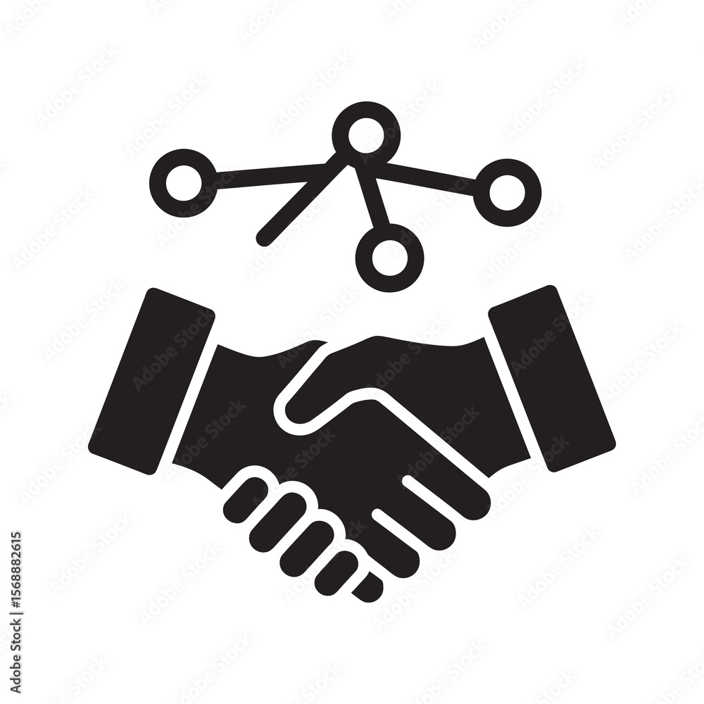 Poster network partnership glyph icon with a handshake and connection nodes for business collaboration comm