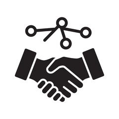 Network partnership glyph icon with a handshake and connection nodes for business collaboration communication and technology integration vector solid