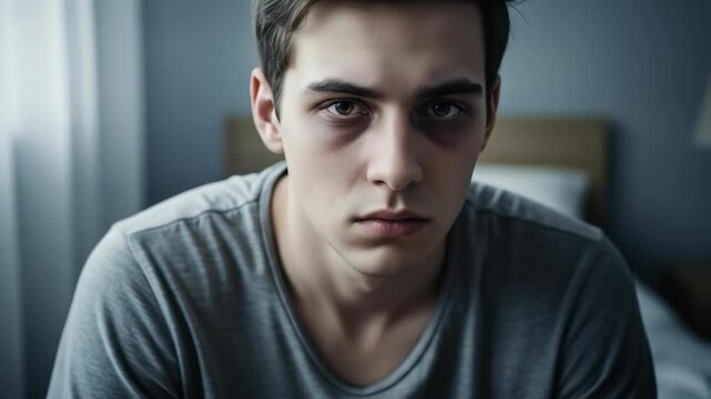 Young man with dark circles under his eyes in a depressive state. Problem of chronic fatigue, insomnia, sleep deprivation. Health concept footage.