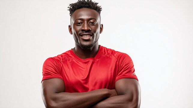 A confident black male soccer player smiling in a red jersey, showing energy and passion, ready for action, professional athlete, outdoor stadium, vibrant sports moment.