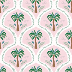 Palm tree seamless pattern in retro style, summer wallpaper, victorian background
