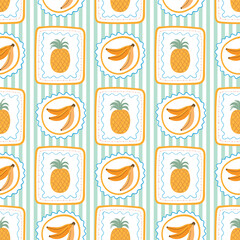 Retro summer seamless pattern with pineapple and banana in frames, striped decorative background, whimsical wallpaper