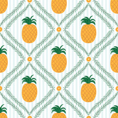 Pineapple seamless pattern in retro style, summer wallpaper, victorian background