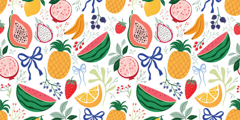 Fruits seamless pattern with pineapple, watermelon, lemons and bows, decorative summer wallpaper, aesthetic background