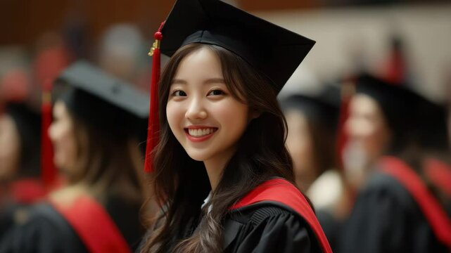 Graduation student cap gown academic achievement ceremony celebration success young woman smiling joy accomplishment pride happiness during ceremony with peers and blurred graduates background