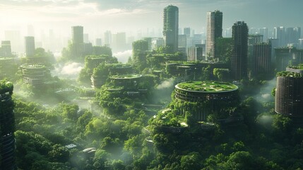 A lush green city powered entirely by solar, wind, and hydro energy