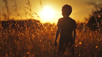 A silhouette of a young boy standing in a field of tall grass, watching the sunset.