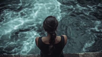 Fototapeta premium A woman with long, dark hair sits on a ledge overlooking a choppy ocean. Her back is to the viewer, and she appears to be contemplating something.