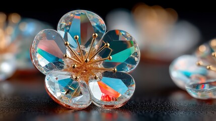 Fototapeta premium Faceted crystal flower ornament with gold stamen and blurred background