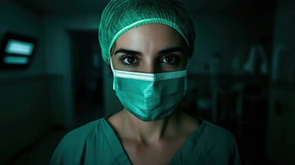 Medical healthcare professional wearing surgical mask and protective gear in hospital operating room with focused eyes and serious expression, nurse and doctor face mask safety - Powered by Adobe