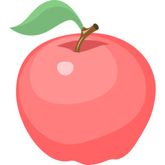 Illustration of a single red apple with a green leaf and brown stem on a white background view