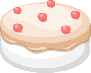 Illustration of a round cake with white frosting and six red spherical toppings evenly spaced on top