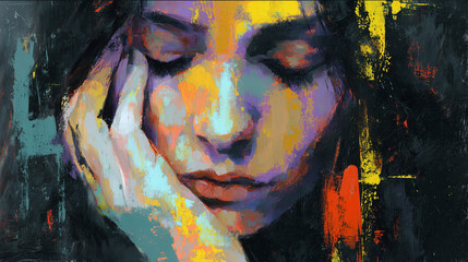 Fototapeta premium Rough painting of a depressed woman holding her face, showing intense emotion and inner struggle, conveying mental health challenges in expressive, bold brush strokes.