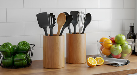 Bamboo utensil holders with various kitchen tools and fresh fruit on a countertop.