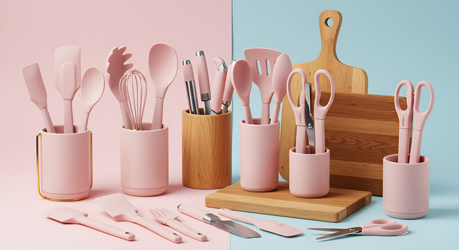 Pink kitchen utensils and tools arranged on a pastel background, showcasing various cooking implements.