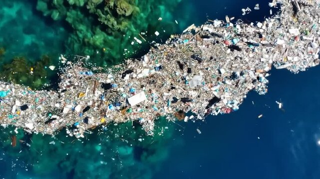 Aerial view of a massive accumulation of plastic waste floating in the ocean