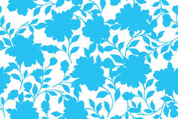 Bright blue floral silhouette pattern on a white background. Clean and fresh design ideal for fabrics, wallpapers, and modern decorative prints.
