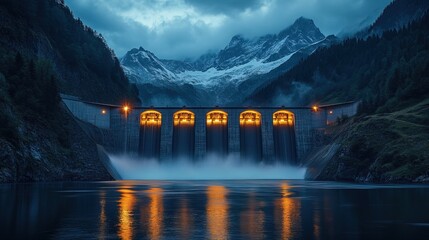 A high-tech hydroelectric dam glowing at night, providing sustainable power 