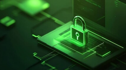 Glowing green digital padlock on laptop keyboard symbolizes cybersecurity, data protection, and technology security with neon light encryption, secure access, and futuristic network safety design - Powered by Adobe