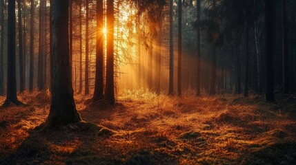 Fototapeta premium Sunbeams shine through the trees in a misty forest, illuminating the golden foliage on the forest floor.