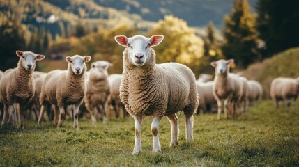 Obraz premium A flock of sheep graze in a green field with mountains in the background.