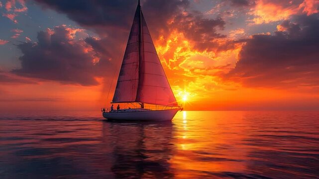 A sailboat navigates the serene waters during a vibrant sunset, the sky ablaze with color. The vessel glides gently across the water, illuminated by the golden and orange hues of the setting sun.