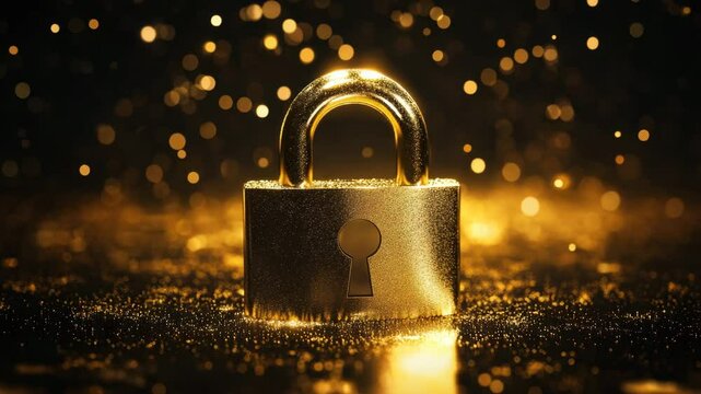 Golden lock keyhole glowing with shiny metal glitter close up bokeh lights security symbol warm glowing atmosphere protection shining metallic texture close up golden lock keyhole glowing shiny metal