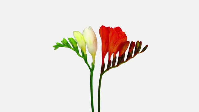 Time lapse of opening orange and white freesia flowers buds