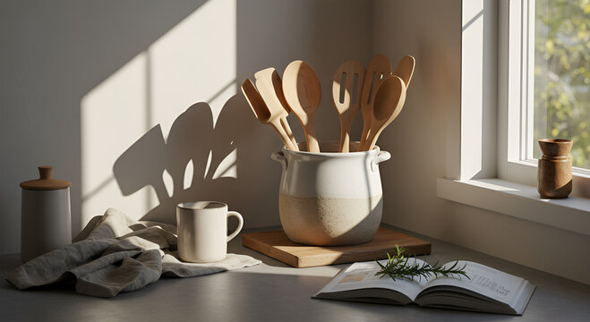 Sunlit kitchen counter with wooden utensils in ceramic crock, mug, book, and linen cloth.