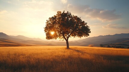 Obraz premium A lone tree stands in a field at sunset, with mountains in the background.