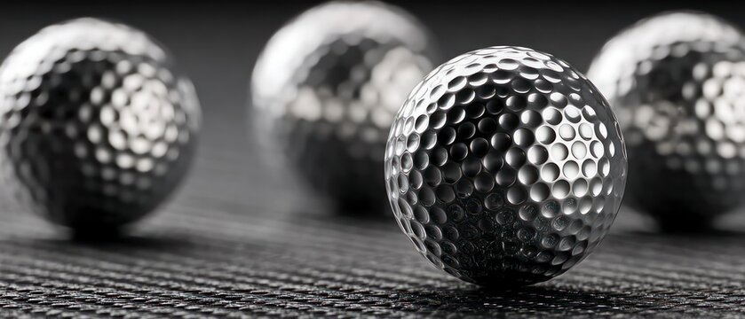 Close up view of four metallic golf balls on a textured surface sport club