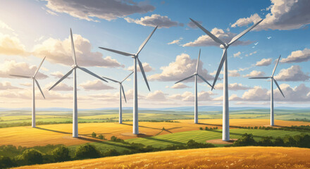 Sustainable Energy Wind Turbines in Golden Fields at Sunset